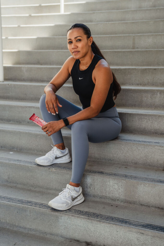 maricris-stairs-seated Maricris sitting on outdoor stairs after a workout