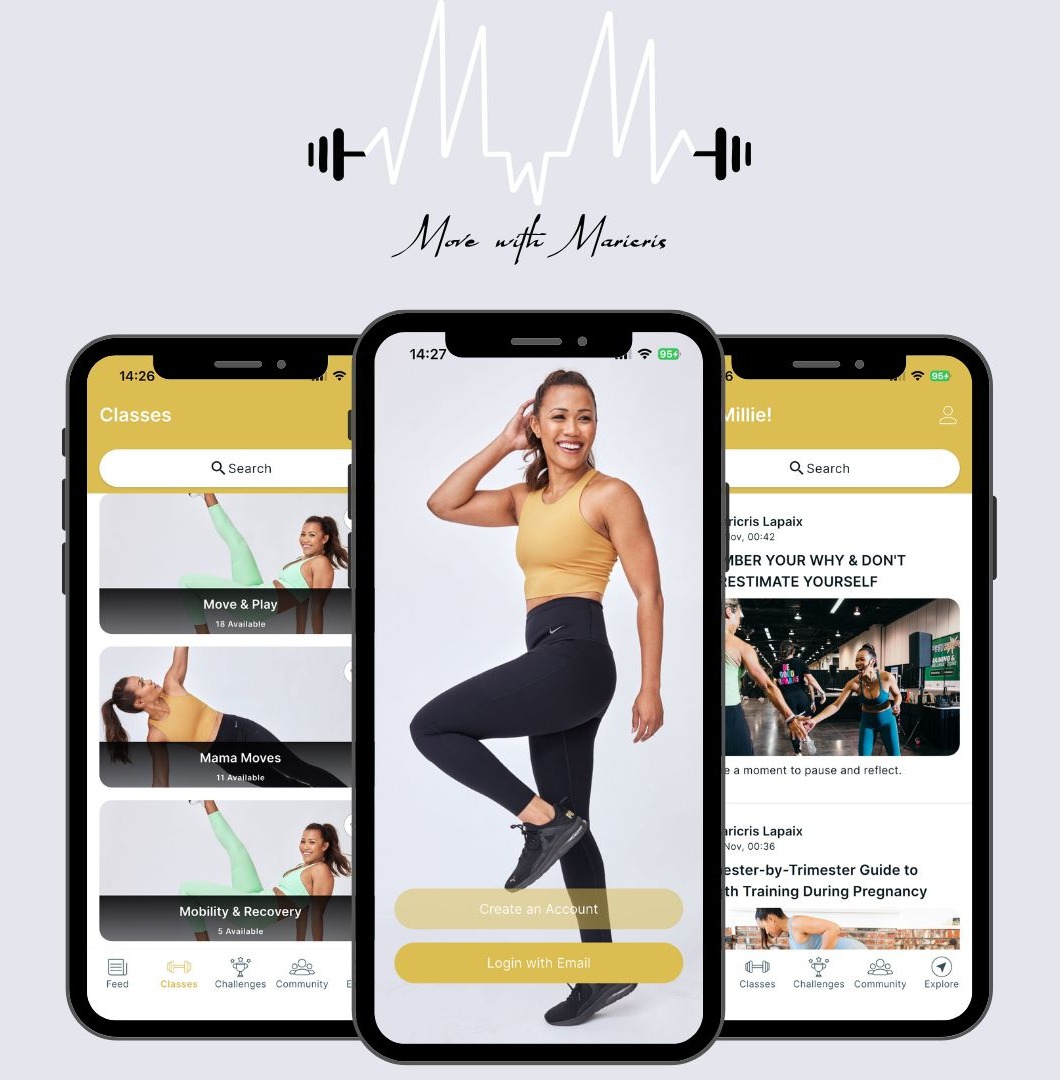 MWM app phones The Move with Maricris app on three phones showing classes, a workout and the community feed
